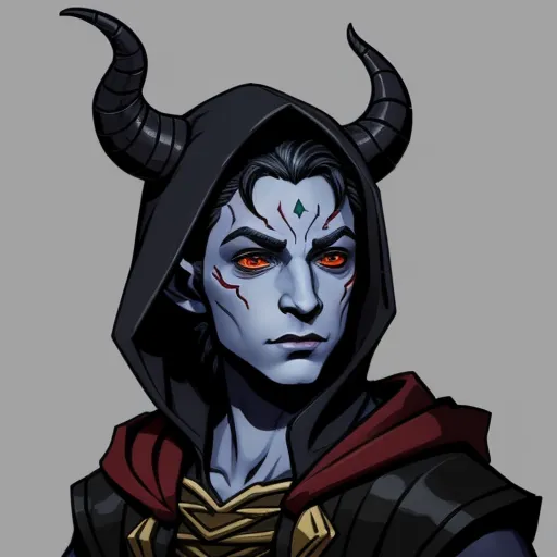 a male character with horns and a hood on, with red eyes and horns on his head, wearing a black outfit with red eyes and a red cape, by Lois van Baarle