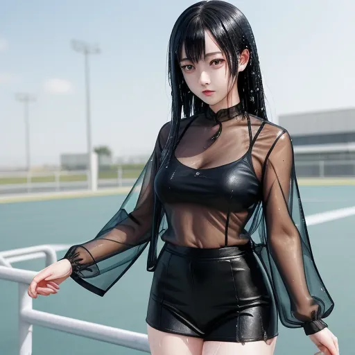 ai generate image - a woman in a sheer top and short shorts standing on a tennis court with her arms on her hips, by Chen Daofu