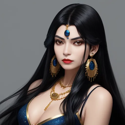 make picture 1080p - a woman with long black hair wearing a blue dress and gold jewelry and earrings with a blue background and a gray backdrop, by Chen Daofu