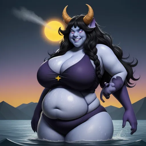 ai that generate images - a cartoon of a woman in a bikini with horns on her head and a moon in the background, with mountains and water behind her, by Lois van Baarle