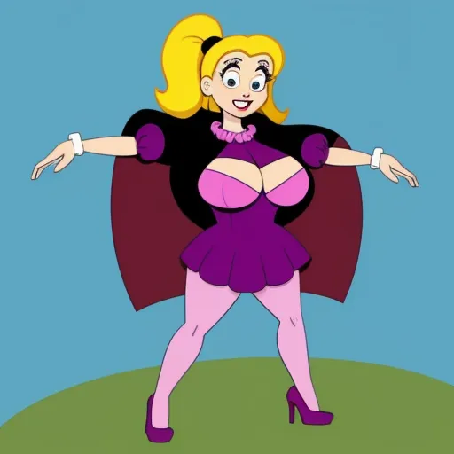 a cartoon character with a big breast and purple dress on a hill with her arms outstretched and legs spread out, by Hanna-Barbera
