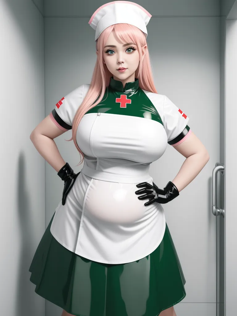 free ai photo enhancer software - a woman dressed in a nurse uniform posing for a picture in a room with a door and a door handle, by Terada Katsuya