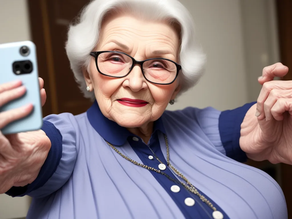 ai that generate images - an older woman taking a selfie with her cell phone camera in her hand and wearing glasses and a blue shirt, by Hendrik van Steenwijk I