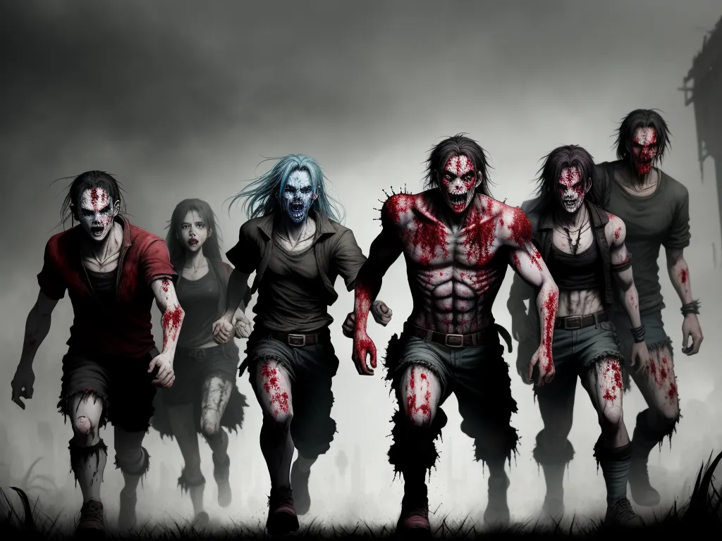 ai text image - a group of zombies walking through a field with blood on their bodies and hands, all dressed in zombie costumes, by Shawn Coss