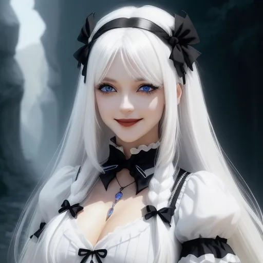 4k photos converter - a woman with white hair and blue eyes wearing a white dress and black bow tie and a black and white collar, by John Duncan