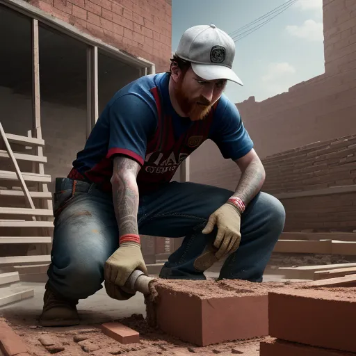 a man with a beard and a baseball cap is working on a brick wall with a hammer and a brick, by Dan Smith