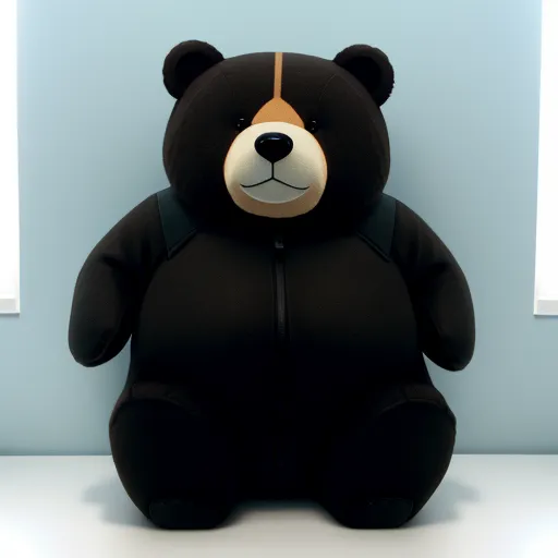 a large black teddy bear sitting in front of a window with a brown nose and nose ring on it's head, by Terada Katsuya