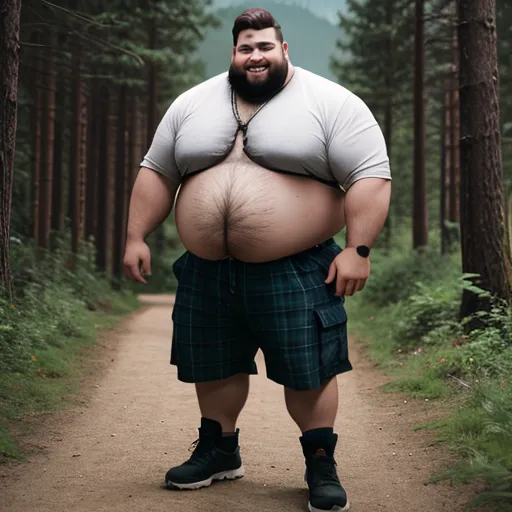 a man with a large belly standing on a dirt road in the woods with trees behind him and a mountain in the background, by Filip Hodas