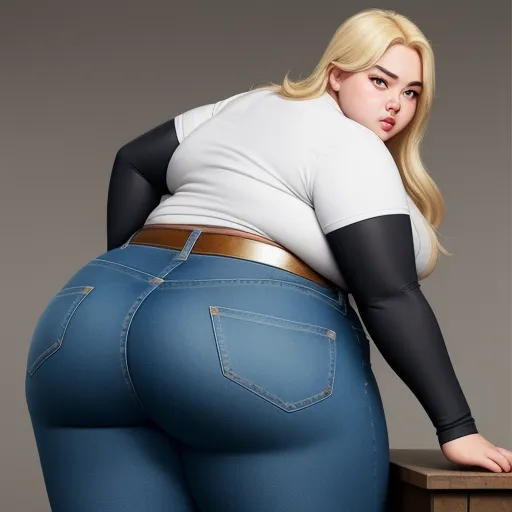 a woman in tight jeans and a white shirt is leaning on a table with her butt exposed and her hands on her hips, by Botero