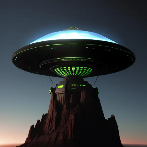 ai image generator dall e - a large alien ship floating over a mountain side in the sky with a green light on it's side, by David A. Hardy