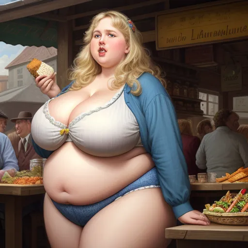 a fat woman in a blue shirt and white panties holding a sandwich in her right hand and a man in the background, by Fernando Botero