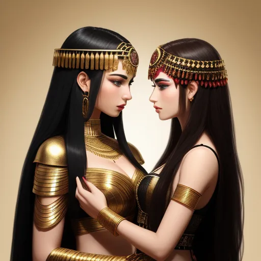 best photo ai enhancer - two women dressed in egyptian costumes are facing each other and one is wearing a gold headpiece and the other is wearing a black and gold headpiece, by Lois van Baarle