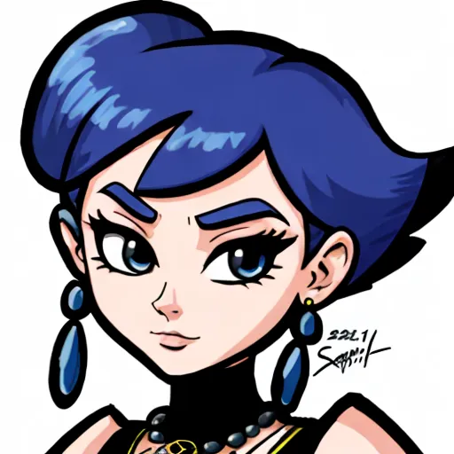 a drawing of a woman with blue hair and earrings on her head, wearing a black dress and a necklace, by theCHAMBA
