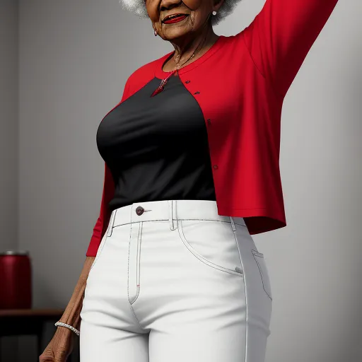 a woman in a red cardigan and white pants poses for a picture with her hand on her head, by Barkley Hendricks