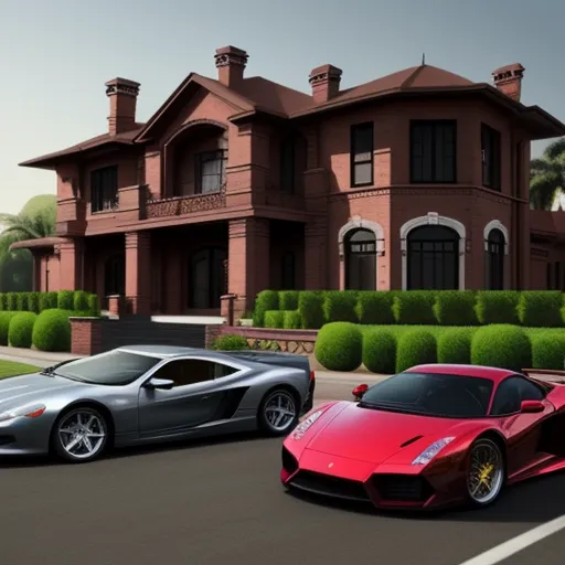 ai image generator dall e - two sports cars parked in front of a large house with hedges and bushes in front of it, in front of a driveway with a driveway and a large house, by Hendrik van Steenwijk I