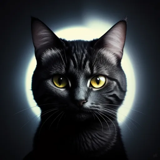 increase the resolution of an image - a black cat with yellow eyes looking at the camera with a full moon in the background with a black background, by Daniela Uhlig