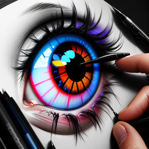 a person drawing a picture of a blue eye with a pencil and a marker pen on a white surface, by Patrice Murciano