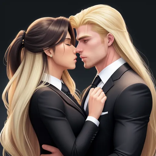 a couple of people that are kissing each other with long hair and a suit on and tie on their heads, by Lois van Baarle