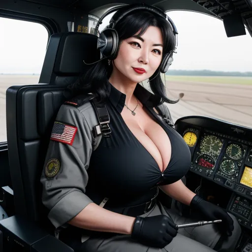 a woman in a pilot's uniform sitting in a plane cockpit with headphones on her ears and a pilot's uniform on, by Terada Katsuya