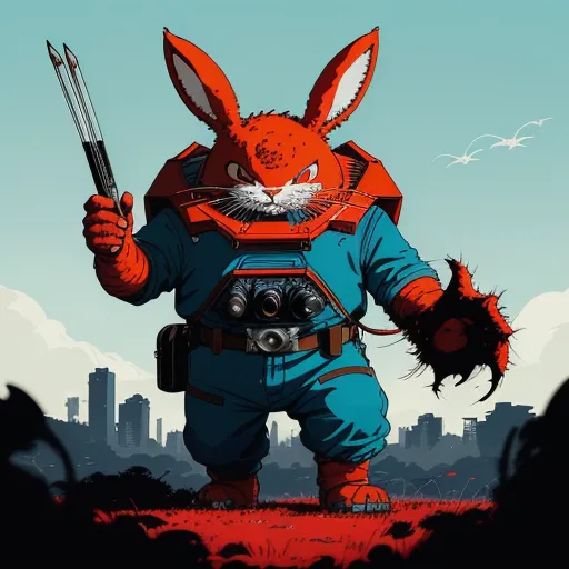 a rabbit with a scissor in his hand and a scissor in his other hand, standing in front of a city, by Akira Toriyama