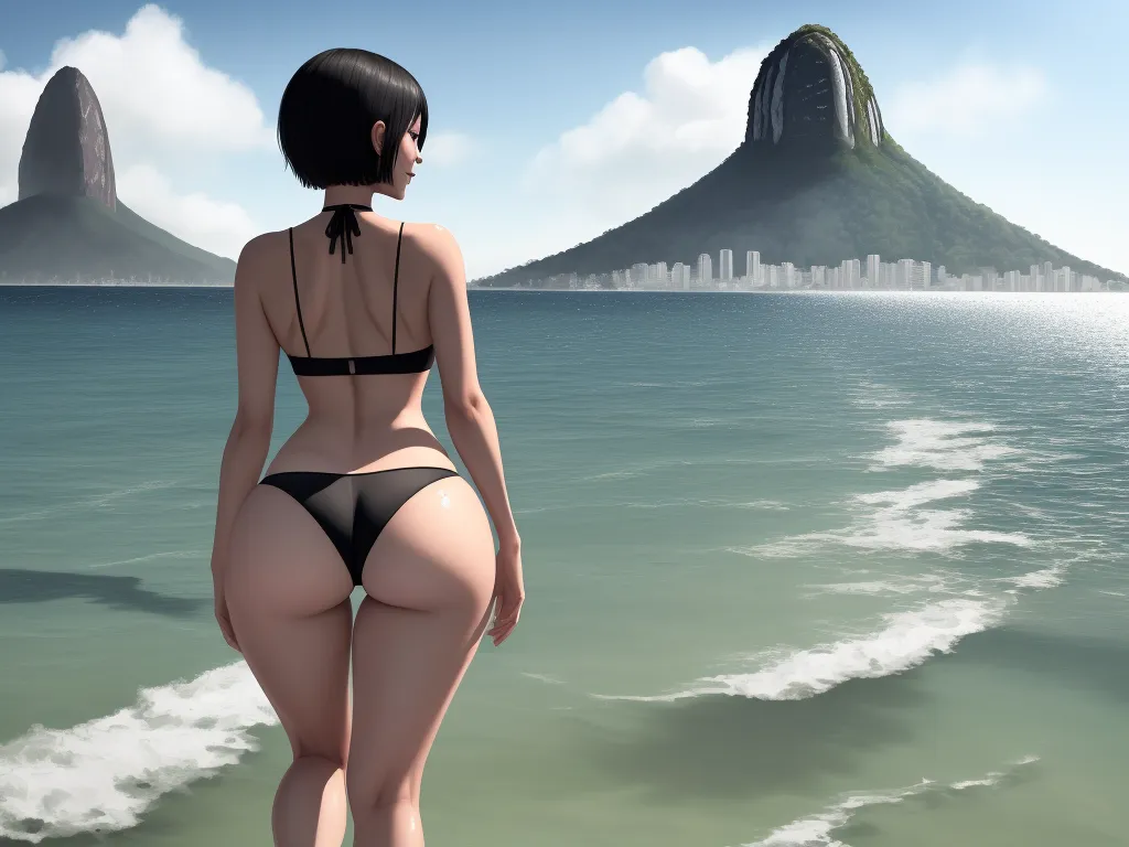 4k hd photo converter - a woman in a bikini standing on a beach next to the ocean with a mountain in the background and a body of water, by Hanna-Barbera