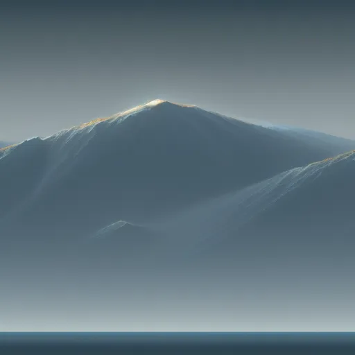 a mountain with a very tall peak in the distance with a light shining on it's side and a body of water below, by Christopher Balaskas