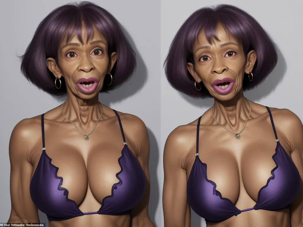 text to ai generated image - a woman with a purple bra and a purple bra top on her chest and a purple bra top on her chest, by Terada Katsuya
