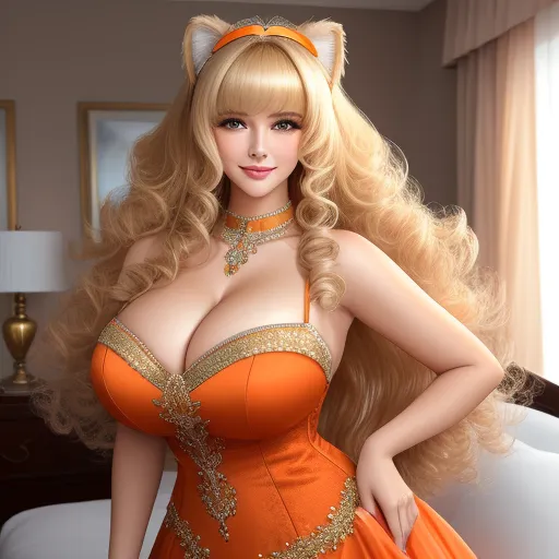 ai based photo editor - a very pretty blonde with a big breast in a dress and a cat ears on her head and a cat tail on her head, by Terada Katsuya