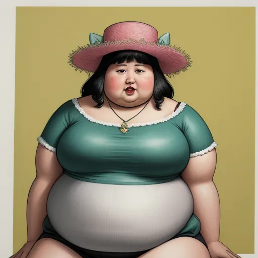 lower res - a fat woman with a big belly wearing a hat and green shirt and a necklace on her neck, sitting on a stool, by Fernando Botero