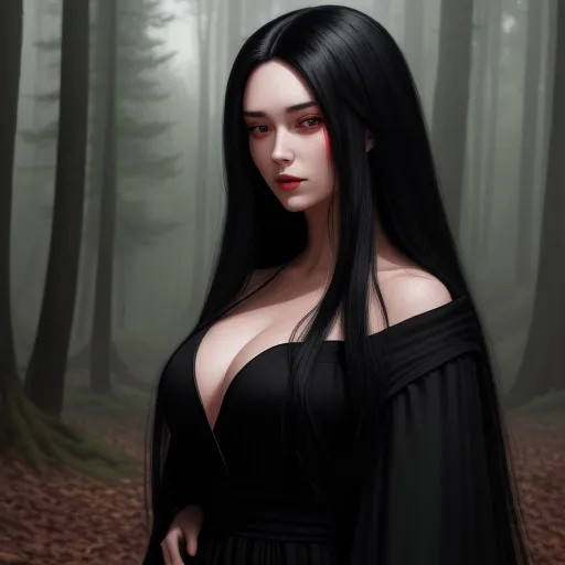 best photo ai enhancer - a woman with long black hair standing in a forest with trees in the background and foggy sky above her, by Terada Katsuya