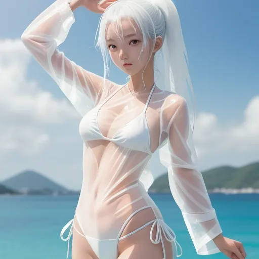 a woman in a white bikini and veil on a beach with blue water in the background and a mountain in the background, by Chen Daofu