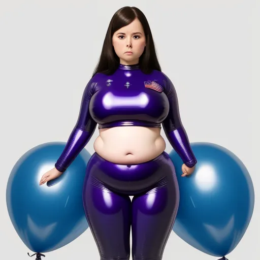 a woman in a purple outfit with blue balloons around her waist and belly, standing in front of a gray background, by Terada Katsuya