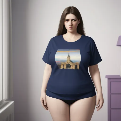 high resolution - a woman in a blue shirt and shorts standing in a room with a window and a purple dresser with a clock on it, by Botero