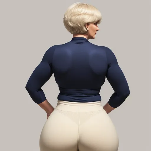 hdphoto - a woman in a tight white pants and a blue top is standing back to back with her hands on her hips, by Cindy Sherman