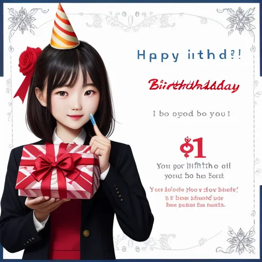 free ai text to image - a girl holding a present box with a birthday hat on top of it and a pen in her mouth, by Chen Daofu
