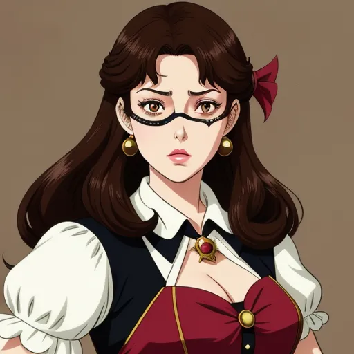 a woman in a red dress with glasses on her face and a bow in her hair, with a brown background, by Toei Animations