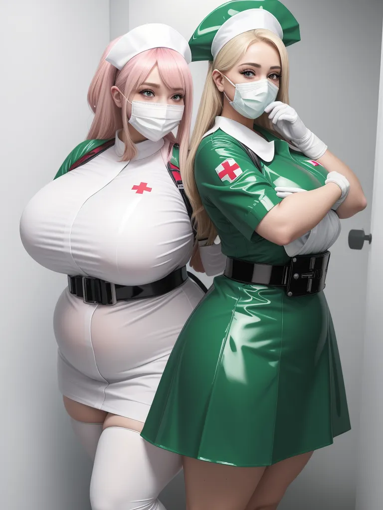 ai text to picture generator - two women in green and white uniforms are posing for a picture together, one is wearing a mask and the other is wearing a green uniform, by Terada Katsuya