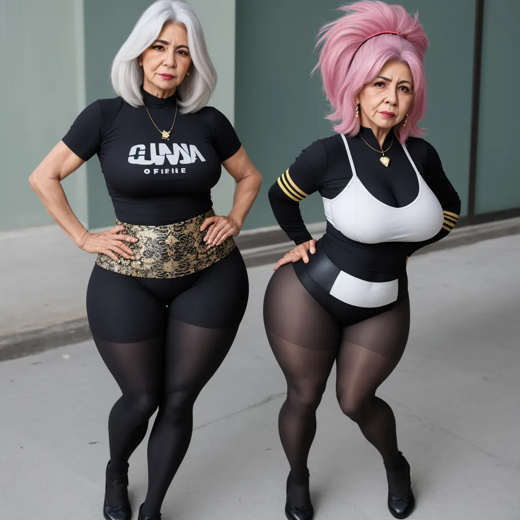 two women in bodysuits posing for a picture together, one of them is wearing a black and white shirt, by Terada Katsuya