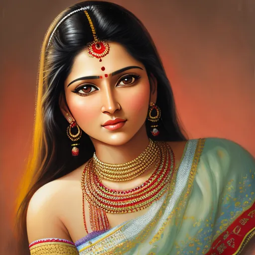 a painting of a woman wearing a sari and jewelry with a red and yellow border around her neck, by Raja Ravi Varma