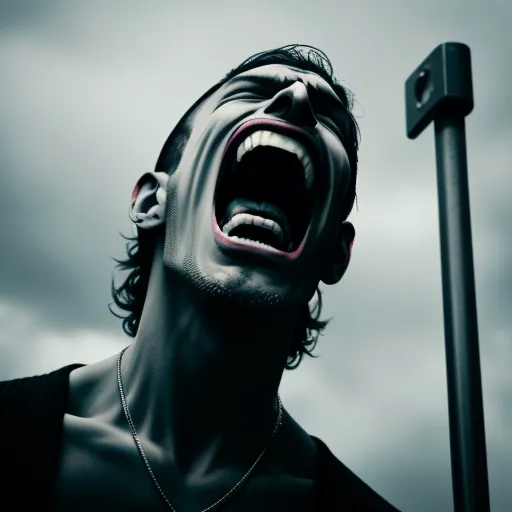 generate picture from text - a man with his mouth open and a street sign in the background with a sky background and clouds in the background, by Adam Martinakis