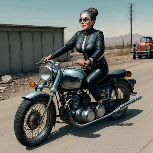 a woman in black leather riding a motorcycle down a street with a truck behind her and a red truck behind her, by Billie Waters