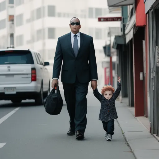 a man and a child walking down a street holding hands and a bag of luggage in the other hand, by Gottfried Helnwein