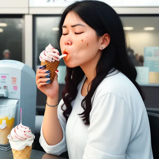 a woman eating a cupcake with a bite out of it while sitting at a table in front of a cupcake machine, by Hiromu Arakawa