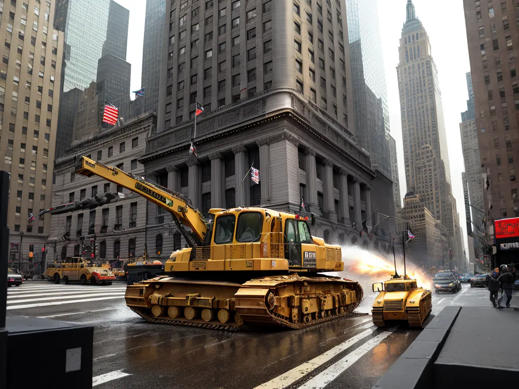 a large yellow bulldozer spraying water on a city street with tall buildings in the background and a red bus driving by, by Bjarke Ingels