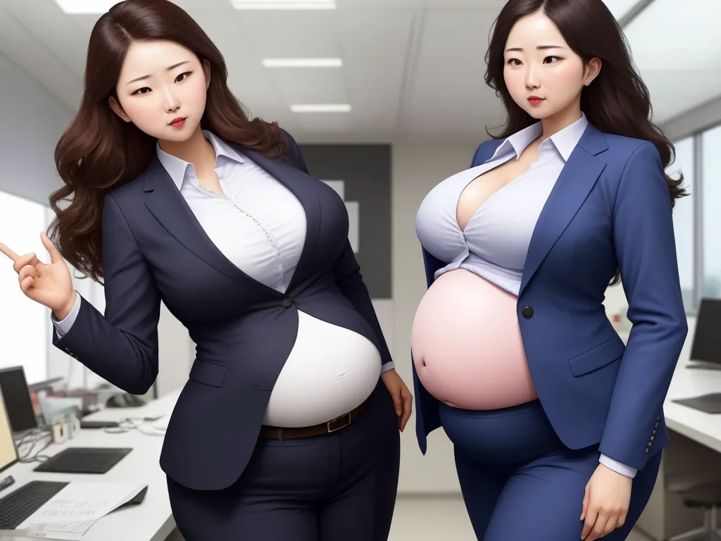 best ai photo enhancement software - two women in suits are standing next to each other in an office setting with a pregnant belly in the foreground, by Terada Katsuya