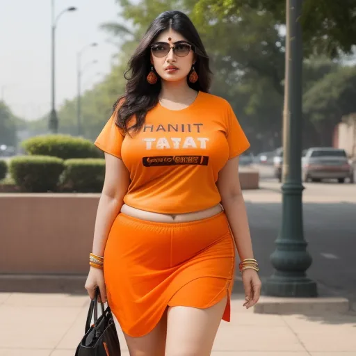 ai upscaler - a woman in an orange outfit is walking down the street with a handbag in her hand and a handbag in her other hand, by Hendrik van Steenwijk I