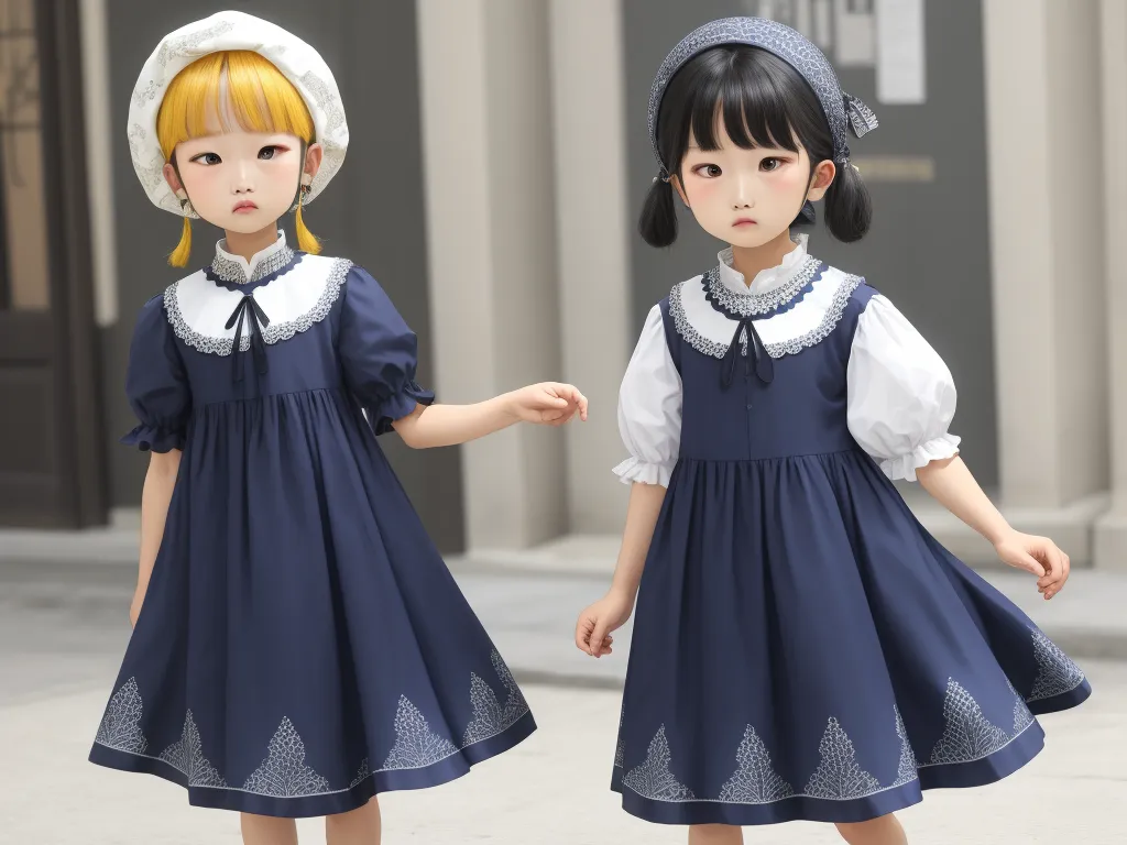 two little girls dressed in blue dresses and bonnets, one in white and the other in blue and white, by Naomi Okubo