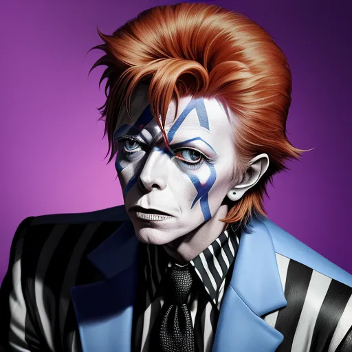 a man with a painted face and a suit jacket on, with a tie on and a striped shirt on, by David Bowie