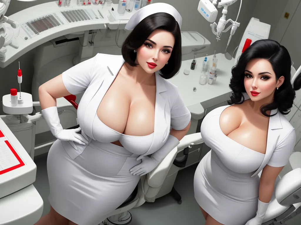a woman in a white dress standing next to a woman in a white dress in a room with medical equipment, by Terada Katsuya