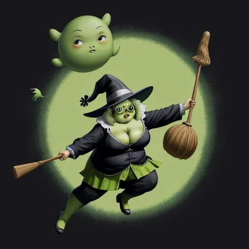 a cartoon character dressed as a witch with a broom and a green creature behind her, flying through the air, by Daniela Uhlig